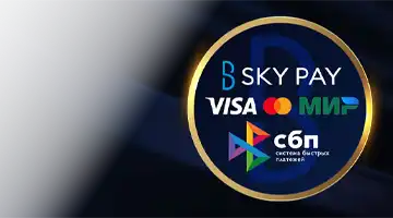 Изображение популярных платежных логотипов, таких как Visa, Mastercard и МИР, а также Sky Pay, подчеркивающее гибкость платежей в Казино Максбетслотс казино.